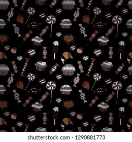 Cute birthday background on black, brown and white. Wrapping paper. Vector illustration. Sweets background design. Cupcake seamless pattern.