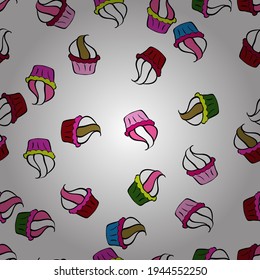 Cute birthday background on black, pink and white. Vector illustration. Seamless pattern with hand drawn doodle desserts: cupcakes, cake, pie, muffins.