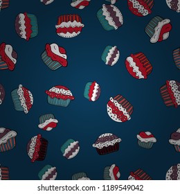 Cute birthday background on blue, white and red. Vector illustration. Pale blue, white and red seamless pattern with cupcakes. Sweets background design.
