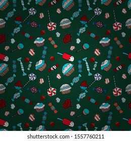 Cute birthday background on blue, white and green. Vector illustration. Sweets background design. Pale blue, white and green seamless pattern with cupcakes.