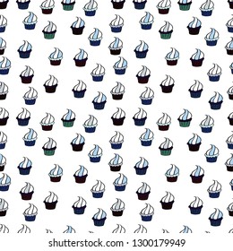 Cute birthday background on gray, white and black. Vector illustration. Wrapping paper. Sweets background design. Cupcake seamless pattern.