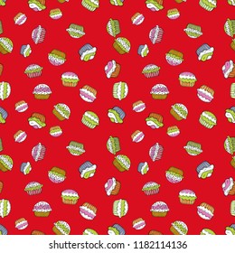 Cute birthday background on red, white and green. Watercolor illustration. Cupcake, macaron, shortbread. Seamless background cakes. Seamless pattern. Vector illustration.