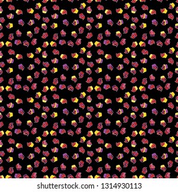 Cute birthday background on red, black and purple. Vector illustration. Wrapping paper. Sweets background design. Cupcake seamless pattern.