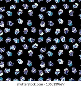Cute birthday background on violet, blue and black. Sweets background design. Cupcake seamless pattern. Vector illustration. Wrapping paper.