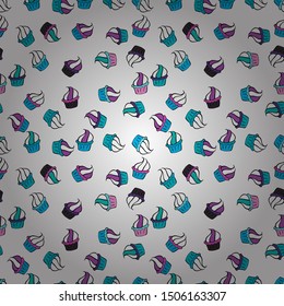 Cute birthday background on white, blue and black. Seamless pattern with hand drawn doodle desserts: cupcakes, cake, pie, muffins. Vector illustration.