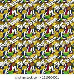 Cute birthday background on white, black and yellow. Wrapping paper. Sweets background design. Vector illustration. Cupcake seamless pattern.
