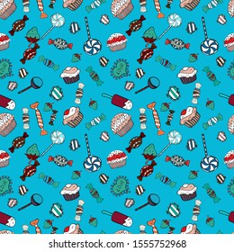 Cute birthday background on white, blue and black. Vector illustration. Seamless pattern with hand drawn doodle desserts: cupcakes, cake, pie, muffins.