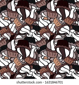 Cute birthday background on white, beige and black. Vector illustration. Seamless pattern with hand drawn doodle desserts: cupcakes, cake, pie, muffins.