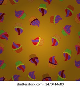 Cute birthday background on yellow, orange and violet. Cupcake seamless pattern. Vector illustration. Sweets background design. Wrapping paper.