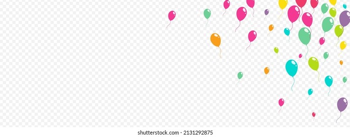 Cute Birthday Ballon Vector Panoramic Transparent Background. Party Baloon Frame. Multicolor Anniversary Template. Red And Green And Yellow Happy Balloon Poster.