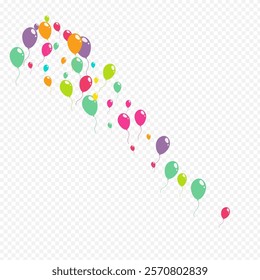 Cute Birthday Ballon Vector Transparent Background. Celebration Inflatable Ball Template. Red and Green and Yellow Party Backdrop. Cartoon Surprise Balloon Texture.