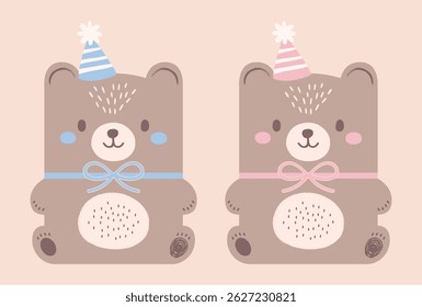 Cute birthday bear couple illustration in pastel colors