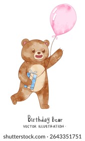 Cute Birthday Bear with Gift, and Balloon. Watercolor vector perfect for nursery, birthday party, print for invitation card, poster template