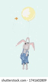 Cute Birthday Bunny Flies with Balloons