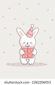 Cute birthday bunny vector kawaii illustration