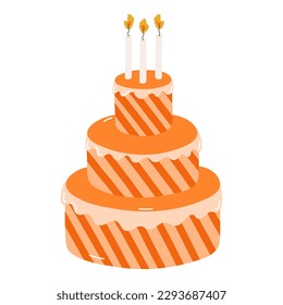 Cute birthday cake with burning candles. Dessert for celebration, anniversary, wedding. Stylized vector illustration of holiday cupcake. Trendy hand drawn clipart in the scandinavian style.