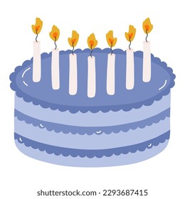 Cute birthday cake with burning candles. Dessert for celebration, anniversary, wedding. Stylized vector illustration of holiday cupcake. Trendy hand drawn clipart in the scandinavian style.