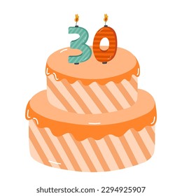 Cute birthday cake with burning candles in the form of numbers. Dessert for celebration each year of birth, anniversary. Stylized hand drawn clipart of holiday cupcake in the scandinavian style.