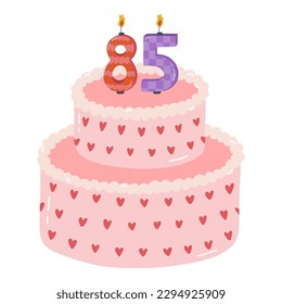 Cute birthday cake with burning candles in the form of numbers. Dessert for celebration each year of birth, anniversary. Stylized hand drawn clipart of holiday cupcake in the scandinavian style.