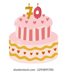 Cute birthday cake with burning candles in the form of numbers. Dessert for celebration each year of birth, anniversary. Stylized hand drawn clipart of holiday cupcake in the scandinavian style.