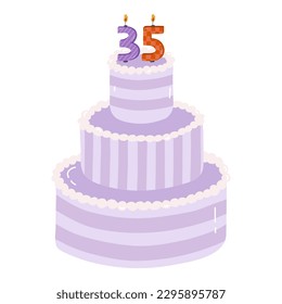 Cute birthday cake with burning candles in the form of numbers. Dessert for celebration each year of birth, anniversary. Stylized hand drawn clipart of holiday cupcake in the scandinavian style.