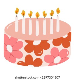 Cute birthday cake with burning candles. Dessert for celebration, anniversary, wedding. Stylized vector illustration of holiday cupcake. Trendy hand drawn clipart in the scandinavian style.