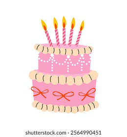 Cute Birthday cake with candle, cream. Y2k style. Retro style. Sweet tasty food. Hand drawn trendy Vector illustration. Isolated design elements. Party, wedding, anniversary, celebration, birthday