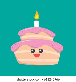 Cute birthday cake with candle. Flat icon. Vector illustration. Good for card, invitations design .
