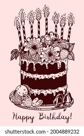Cute Birthday cake with candles, flowers, Strawberry and chocolate. Doodle vector Illustration. Greeting cards design.