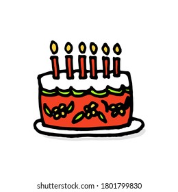 cute birthday cake with candles vector illustration on white background. thin black outline hand drawn vector. Doodle sweet dessert for kids, logo, poster, clipart, sticker, banner, ads, cover 