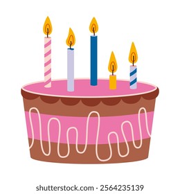 Cute birthday cake with celebration candles. Colorful delicious desserts with festive decor. Trendy modern vector illustration isolated on white background, hand drawn, flat design