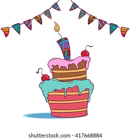 Cute Birthday Cake and Colorful With Candle and Decoration on White Background