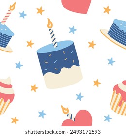 Cute Birthday Cake Cupcake Seamless Pattern Motif Decoration Vector Illustration