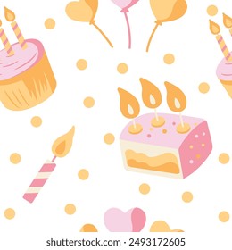 Cute Birthday Cake Cupcake Seamless Pattern Motif Decoration Vector Illustration