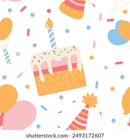 Cute Birthday Cake Cupcake Seamless Pattern Motif Confetti Decoration Vector Illustration