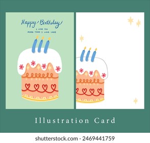 cute birthday cake with flower and heart pattern, illustration greeting card and blessings.