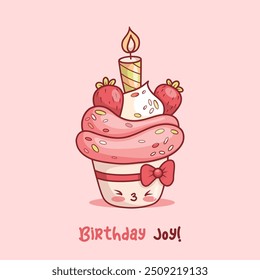 Cute birthday cake. Funny cream cupcake with candle and strawberries. Card with sweet kawaii cartoon character and congratulations. Vector illustration