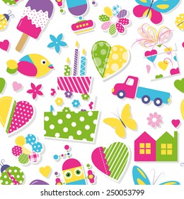 cute birthday cake, hearts, flowers, toys and animals pattern