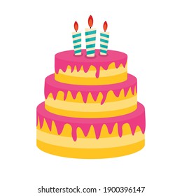 Cute Birthday Cake Icon with Candles. Design Element for Party Invitation, Congratulation. Vector Illustration