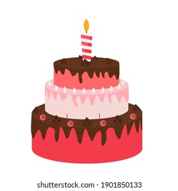 Cute Birthday Cake Icon with Candles. Design Element for Party Invitation, Congratulation. Vector Illustration