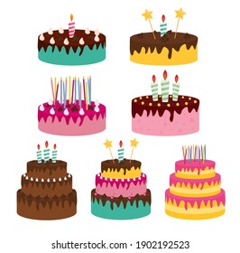 Cute Birthday Cake Icon Collection Set with Candles. Design Element for Party Invitation, Congratulation. Vector Illustration 