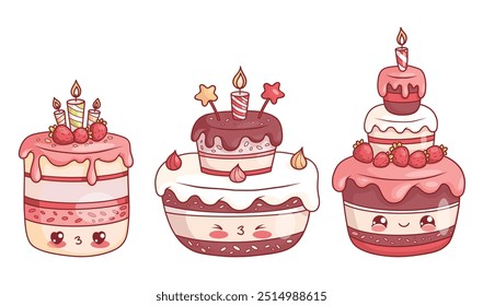 Lindo pastel de cumpleaños kawaii juego de personajes de dibujos animados. Panadería cremosa divertida con fresas, con gotas goteando esmalte de frutas y vela festiva. Comida dulce aislada. Ilustración vectorial