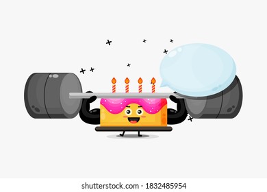 Cute birthday cake mascot lifting a barbell