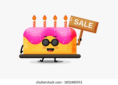 Cute birthday cake mascot with the sales sign