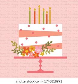 cute birthday cake on pink color background perfect for greeting card design