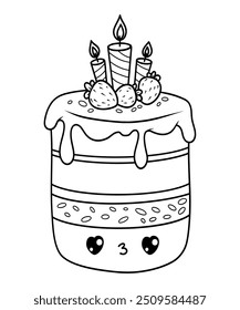 Cute birthday cake. Outline funny cartoon kawaii character. Creamy bakery with strawberries and festive candles. Line drawing, coloring book. Vector illustration. Kids collection