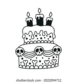 Cute birthday cake with skull. Party for gothic princess. Outline style. Isolated vector black and white illustration