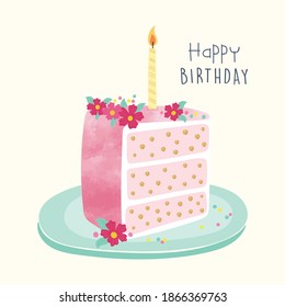 Cute Birthday Cake Slice Vector Watercolor Illustration