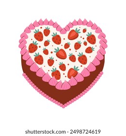 Cute Birthday Cake with strawberry in a form of heart. Simple birthday cake. Vector flat illustration of red velvet bento. Flat cartoon design for postcards and stickers, birthday party invitation