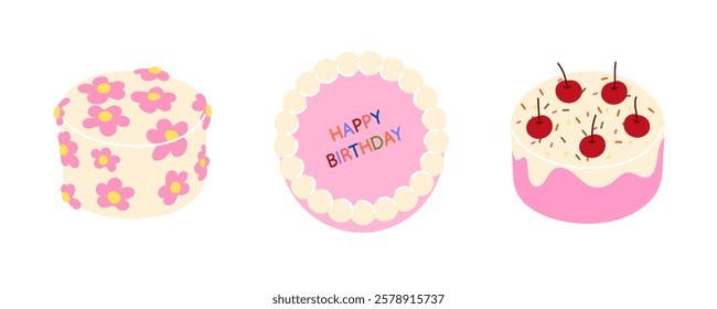 Cute Birthday cakes – flat cartoon illustration of festive desserts with flowers, cherries, and cream